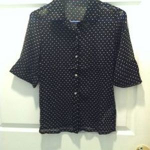 Sheer Black/Wht Polka Dot Short-Sl Blouse, S, NWOT
